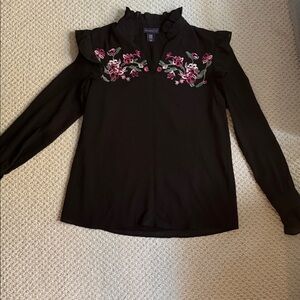 Amaryllis Black Top with Pink Embroidery